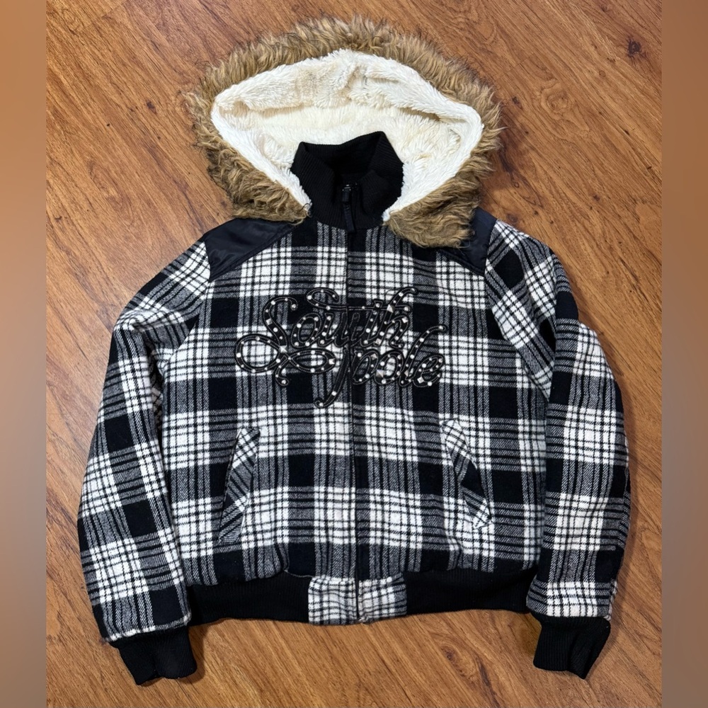 Vintage Y2K South Pole Fur Hooded Plaid Jacket Jewels Phat Style Women’s L Rare
